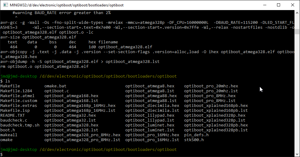 MinGW Optiboot makeall output
