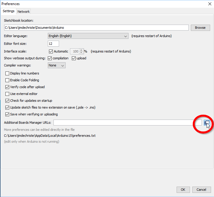 Arduino IDE preferences window