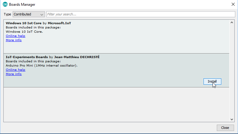 Arduino IDE: Boards manager window