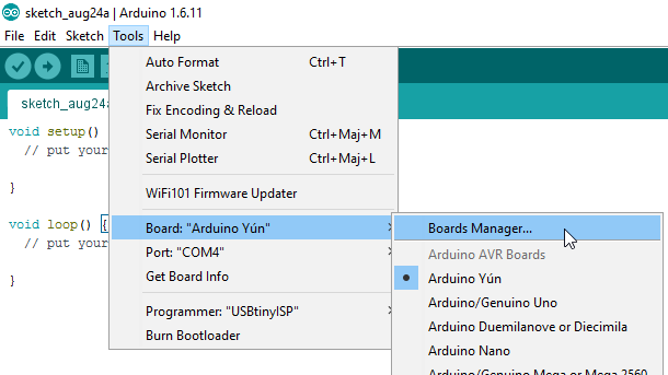 Arduino IDE - Tools - Boards Manager